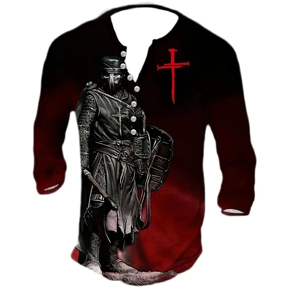 

Vintage T-Shirt For Men Cotton T Shirt Retro Warrior Graphic T Shirt Long Sleeve Henley T-Shirts Oversized Men‘s Clothing Tops