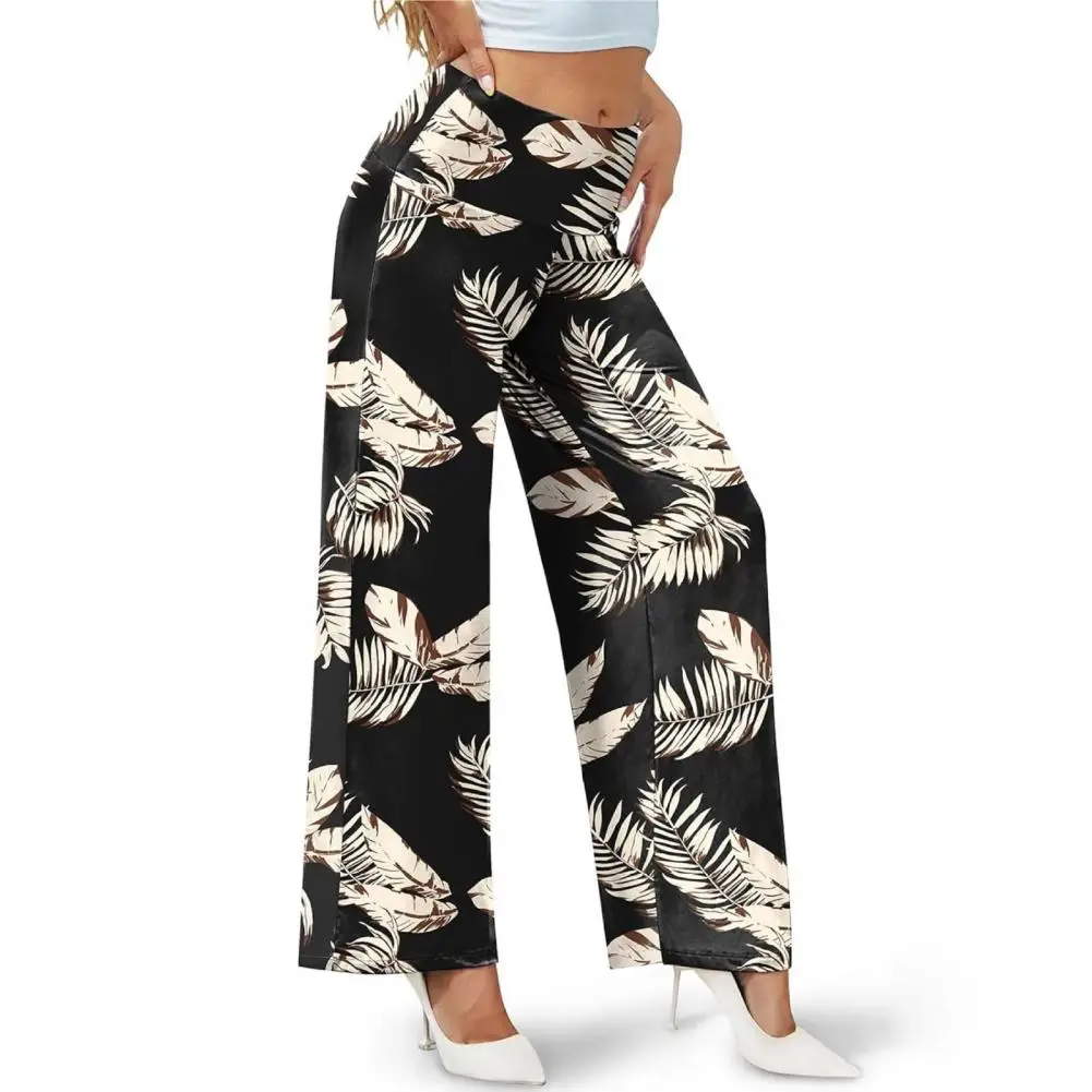 

Wide Leg Trousers Leaf Print High Waist Wide Leg Pants for Women Stylish Office Trousers with Elastic Waistband Stretchy Fabric