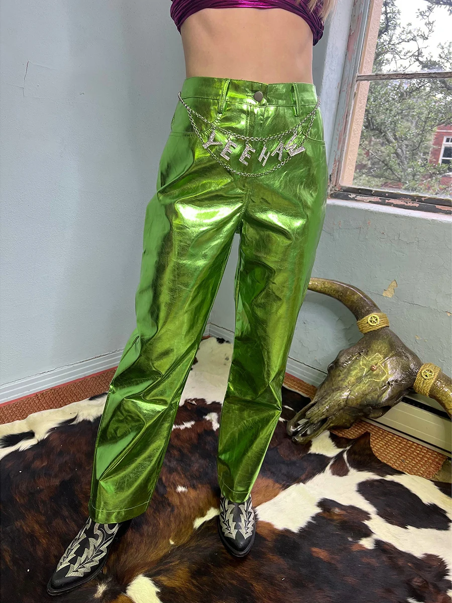 

Women Shinny PU Leather Pants Metallic Button Zipper Closure Fall Casual Trousers Streetwear Trousers