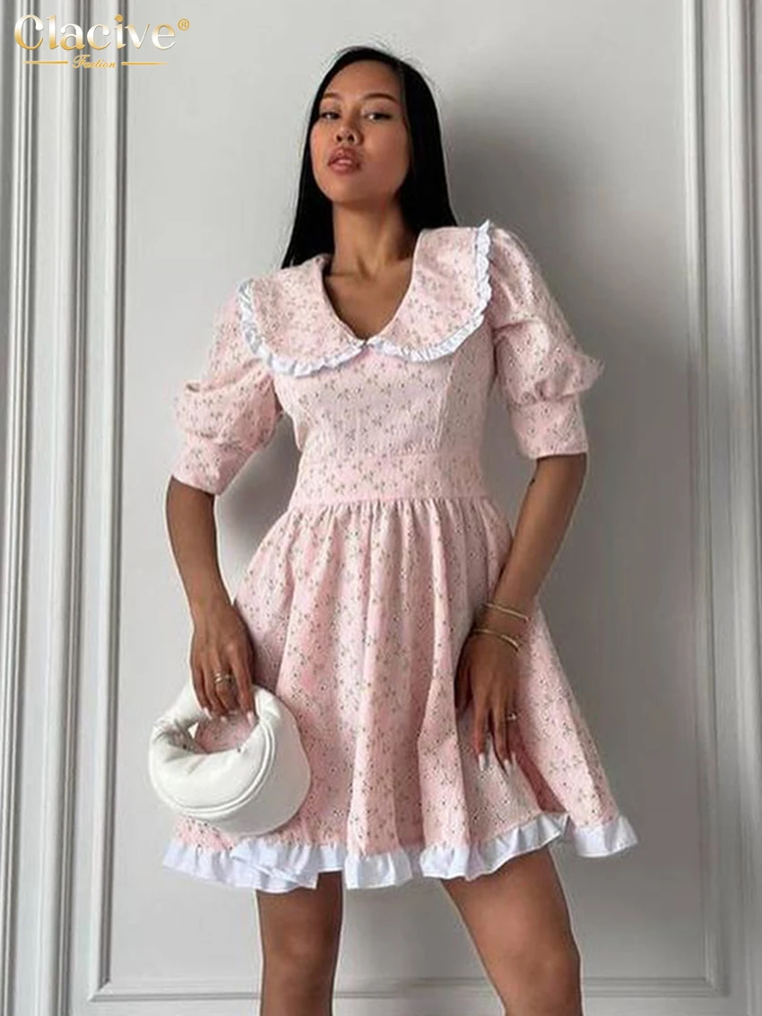 

Clacive Fashion Loose Print Women's Dress Summer Doll Collar Short Sleeve Mini Dresses Elegant High Waist Pleated Female Dress