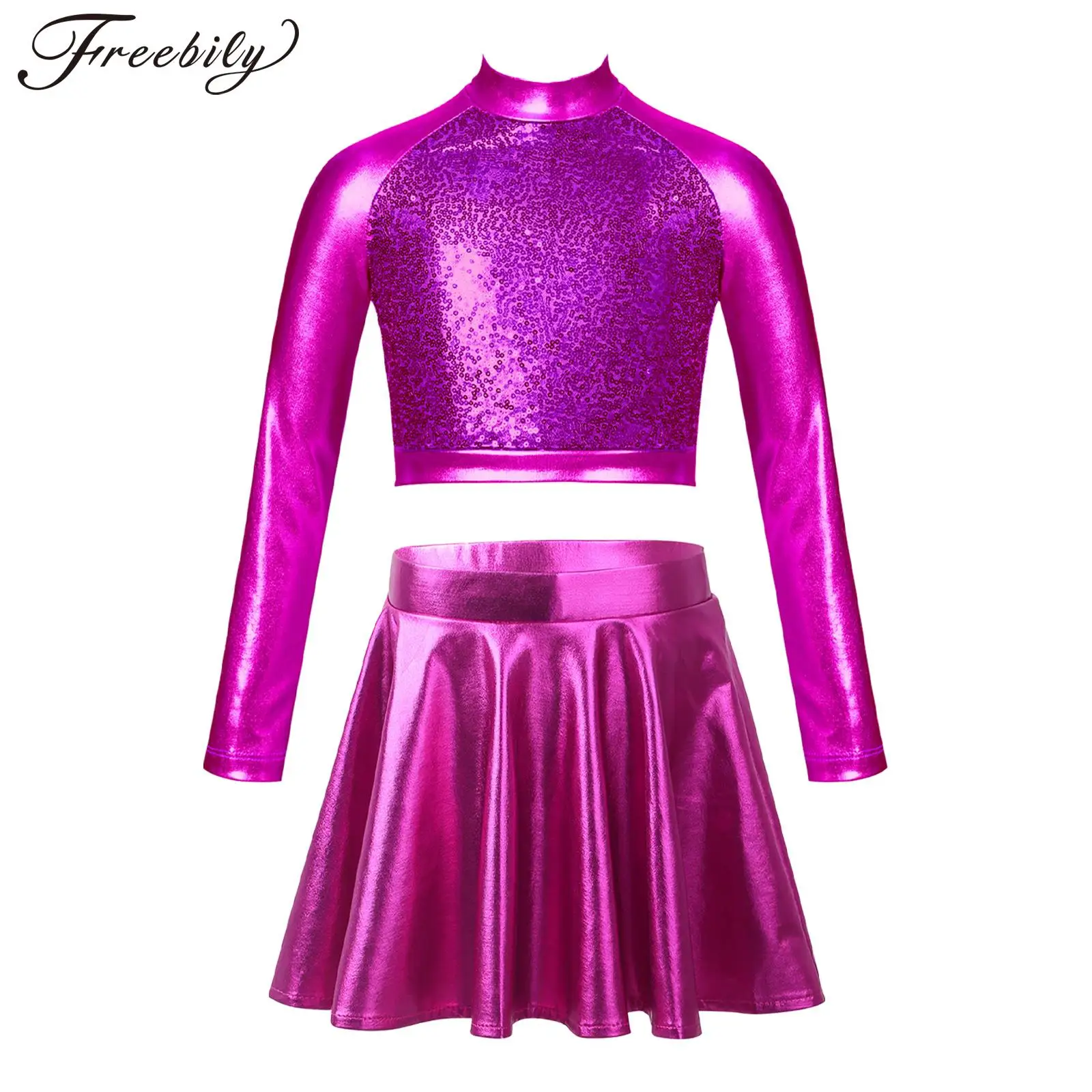 

Kids Girls Shiny Sequins Metallic Dance Costumes Modern Jazz Hip-hop Ballet Clothes Set Crop Tops and Shorts Skirt Dancewear
