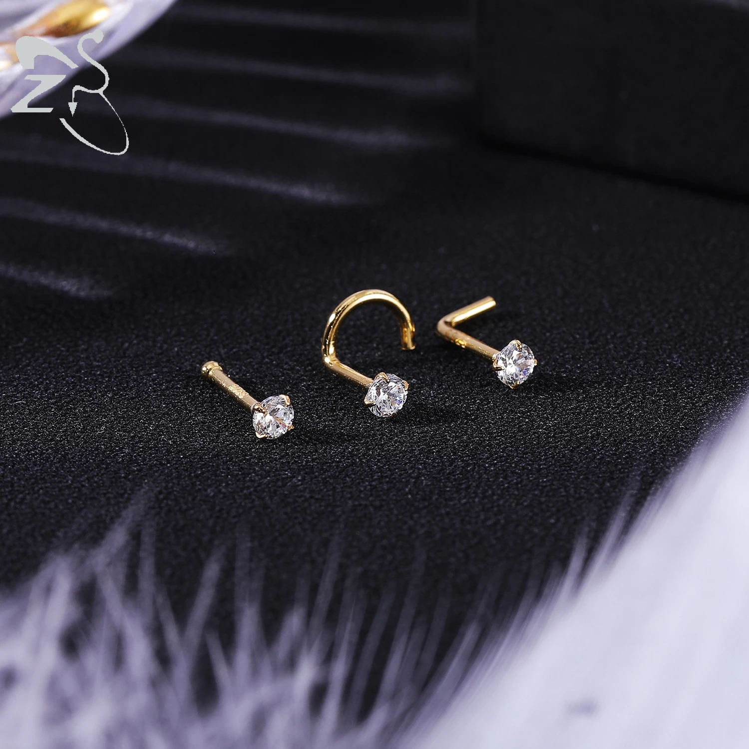 ZS 1PC 18/20G 925 Sterling Silver Nose Stud Gold Color Crystal Nose Piercings Screw L-Shape Retainer Nostril Piercing 2-3.5mm 5