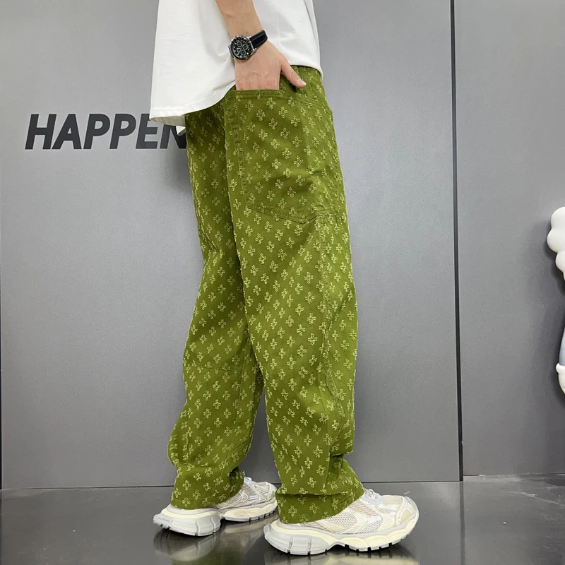 New high-end light luxury MEN'S jeans style large pocket pants fashionable and loose straight tube washed casual denim pants