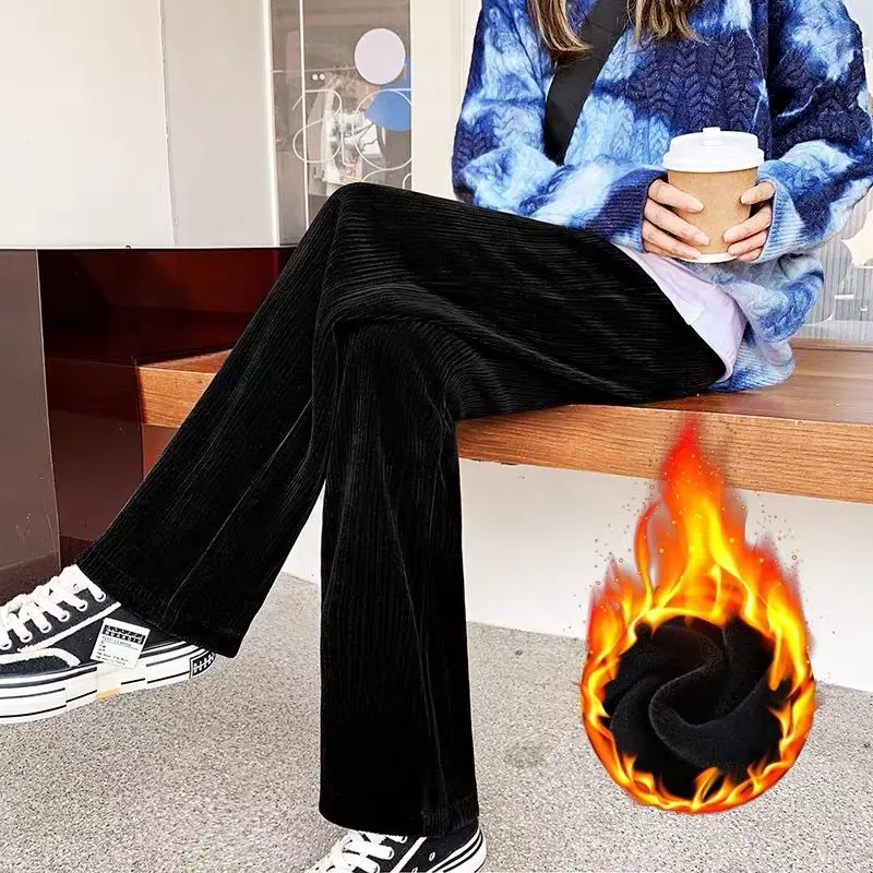 

Keep Warm Thickened Corduroy Trousers Wide Leg Sweatpants Winter Straight Pants Solid Plush High Waist Women's C40