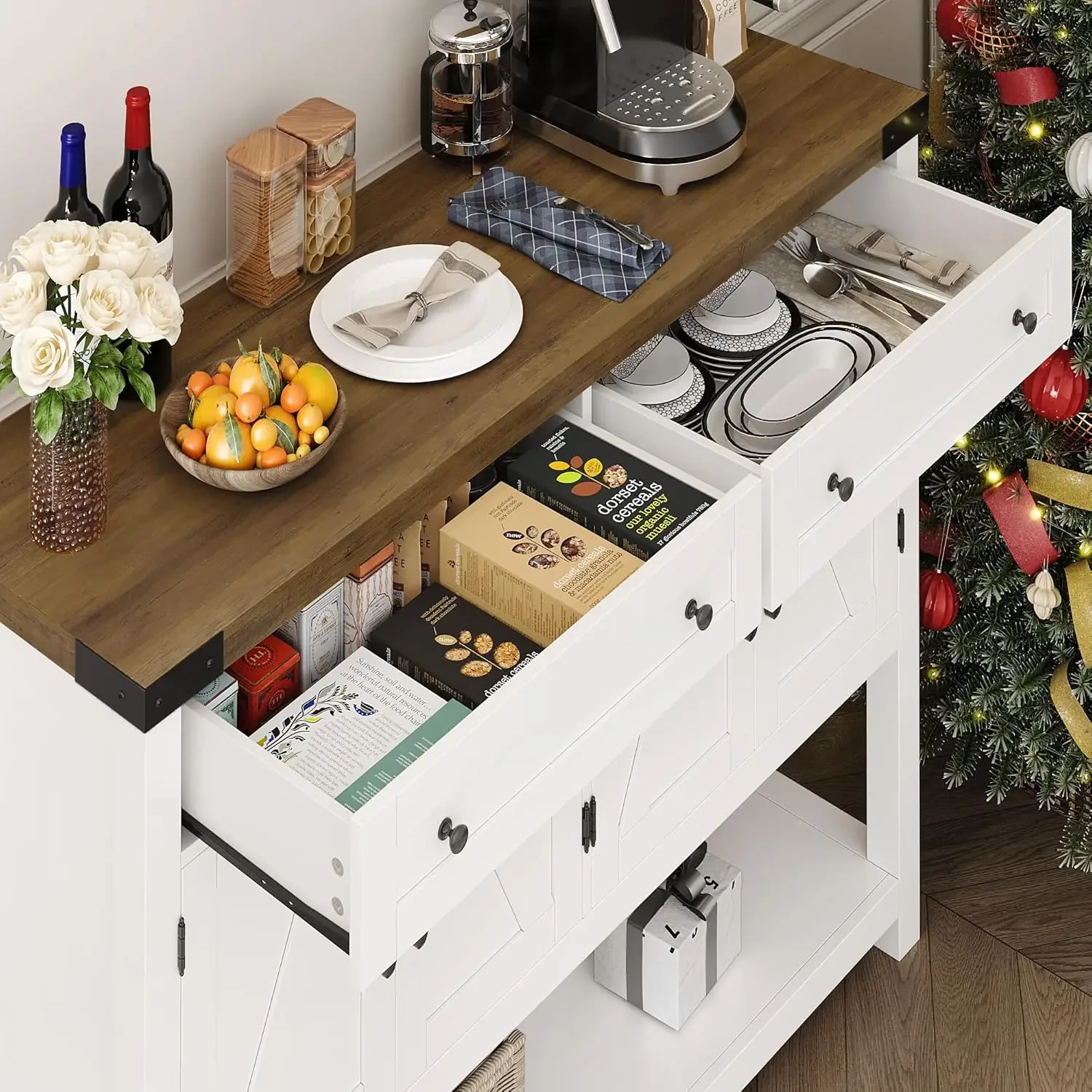 Buffet Sideboard Cabinet with Storage, 47.2" Modern Farmhouse Coffee Bar with 2 Drawers, Barn Doors Console Table with Shelf 6