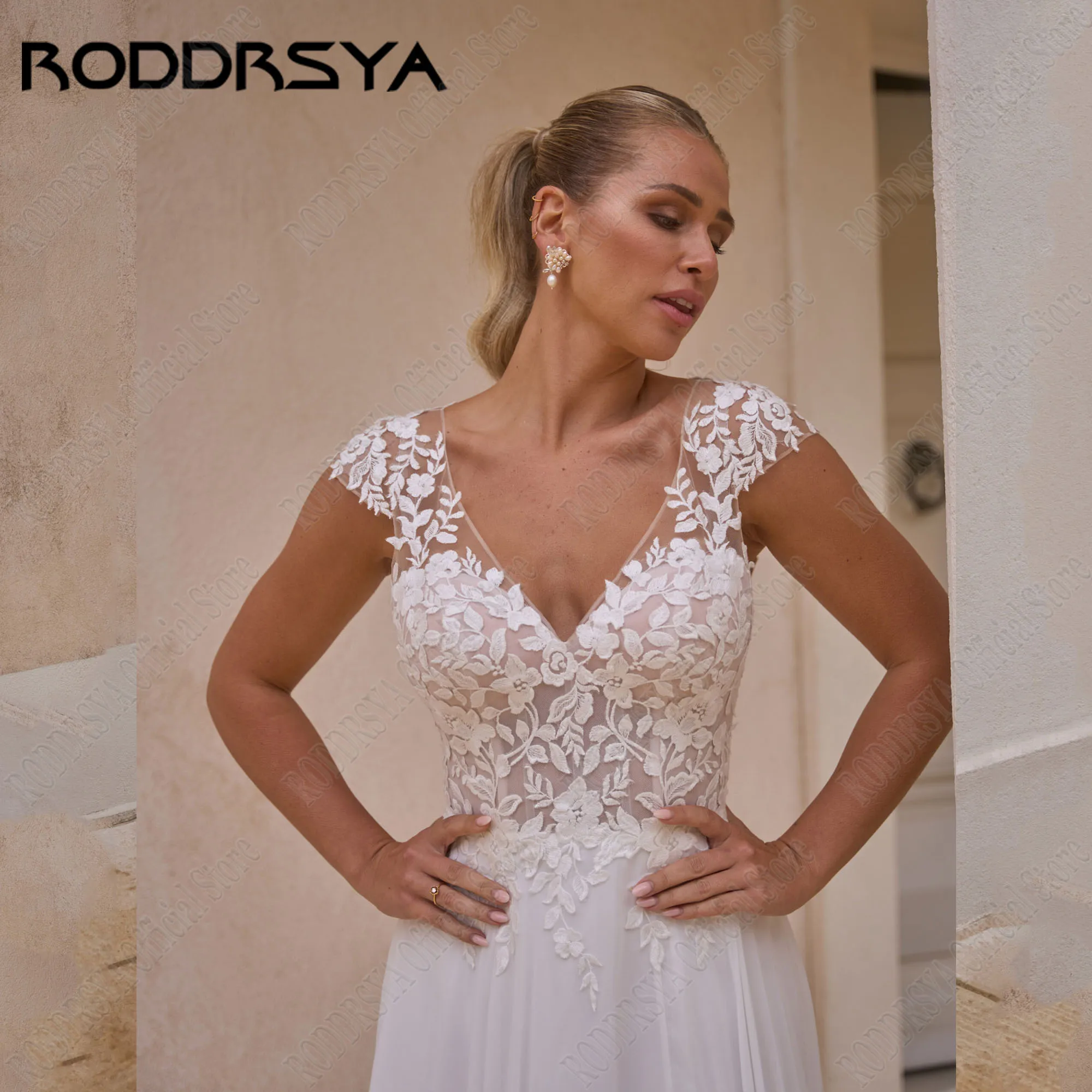 RODDRSYA Chiffon A-Line Wedding Gowns Cap Sleeves V-Neck Backless Civil Vestidos De Novia Side Split Sweep Train Applique 3