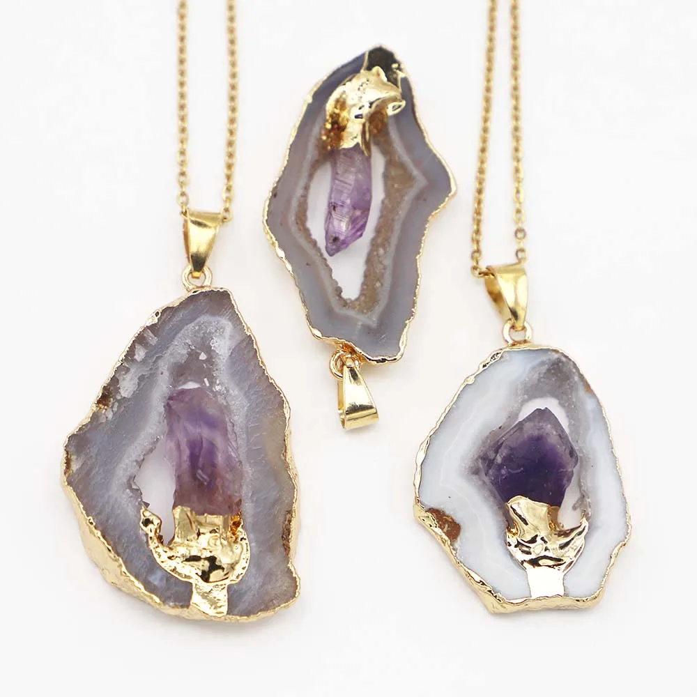 Natural Stone Irregular Agate Necklaces Druzy Amethyst Stainless Steel Chain Pendants Energy Healing Chakra Halo Fashion Jewelry