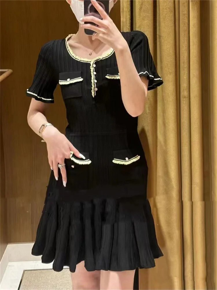 

Women Knit Pleated Fishtail Mini Dress Contrast Color Ruffle Trim 2023 New Ladies Elegant Black Slim Short Robes