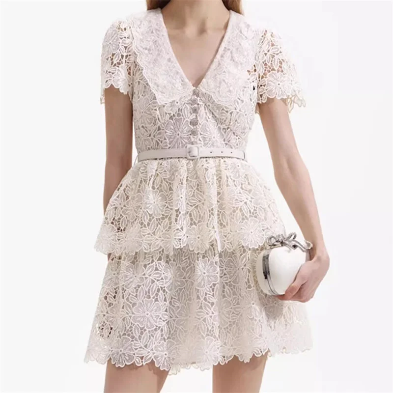 

Elegant dresses for women 2024 Summer Korean Fashion Hollow out Short sleeved Dress Flower embroidered mini dress Short dresses