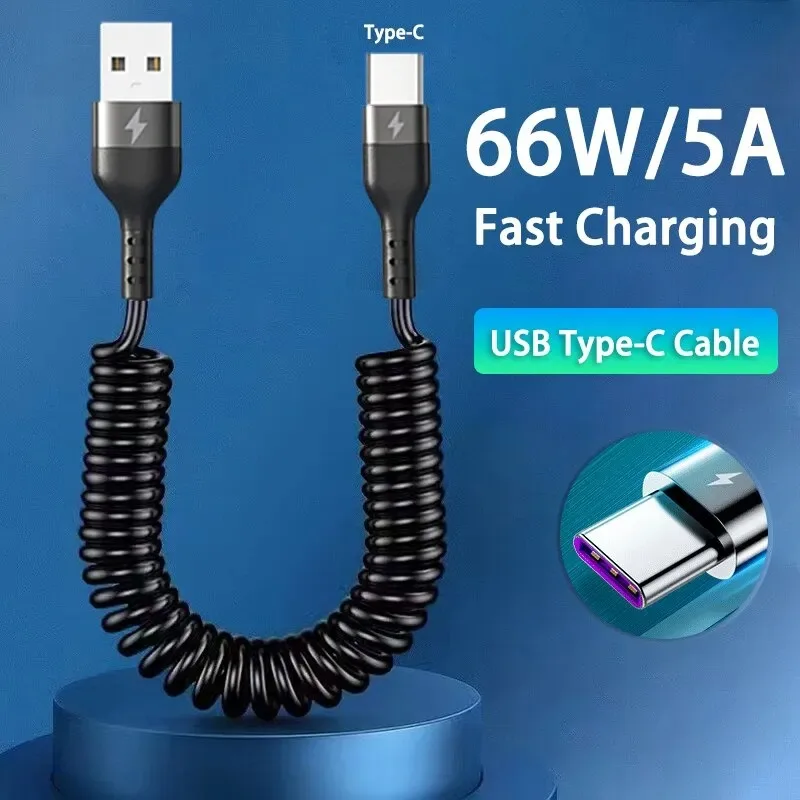 USB Type C 66W Car 5A Fast Charging Type C to Type C Spring Telescopic Cable For iPhone 15 Samsung Huawei Xiaomi Redmi OnePlus BEST SELLERS