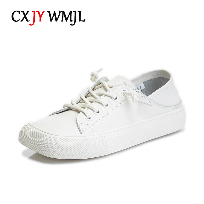 

CXJYWMJL Cowhide Casual Sneakers for Women Square toe Vulcanized Shoes Genuine Leather Spring Skate Shoes Ladies Sports White