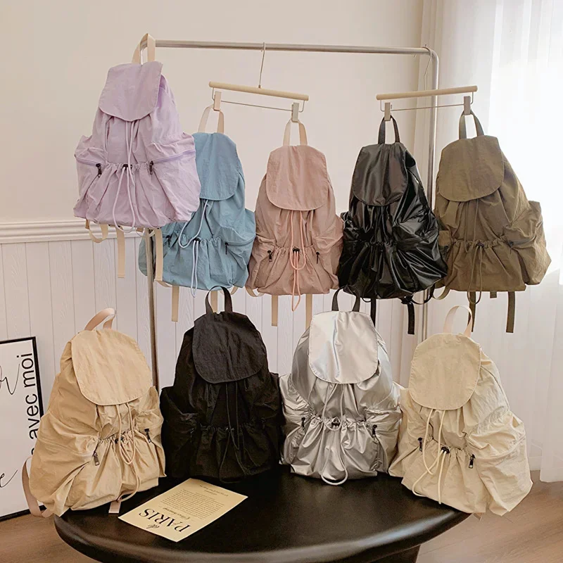 

Hylhexyr Ins Nylon Patent Leather Pleated Women's Backpack Casual Drawstring Down Large Capacity Bucket School Bag Travel Bag