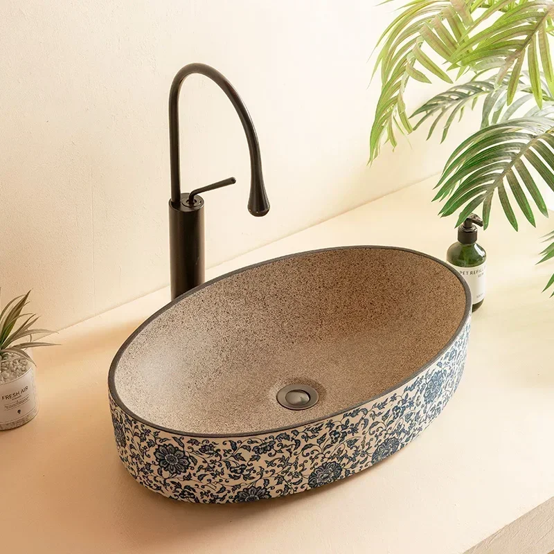 Blue and white porcelain ceramic basin oval retro balcony wash hands single basin toilet wash face bathroom sink washbasin 2