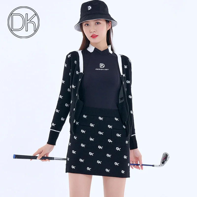 DK Golf Clothing Set Ladies Long Sleeve Sweater Knitted V-neck Cardigan Women Letter Printed Slim Coat Sports Skirt Golf Skorts