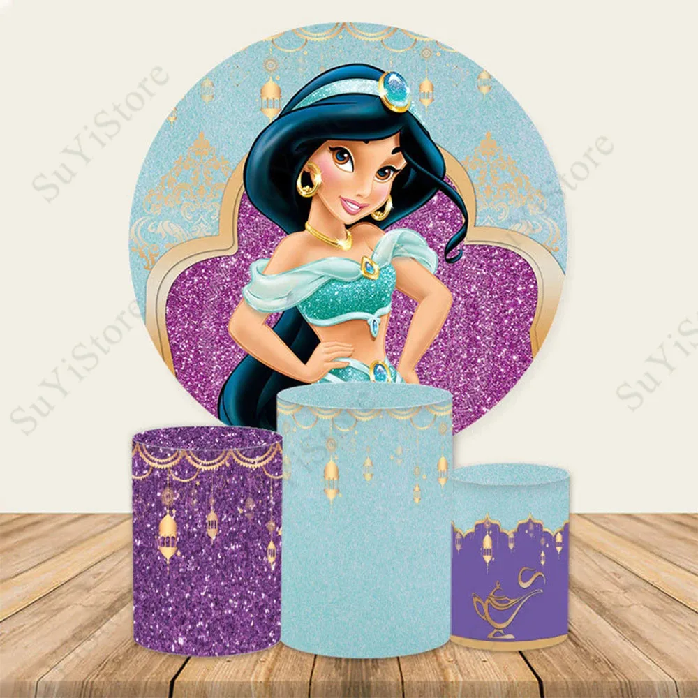 

Aladdin Jasmine Round Photo Backdrop Girls Birthday Disney Princess Theme Circle Photography Background Cylinder Covers