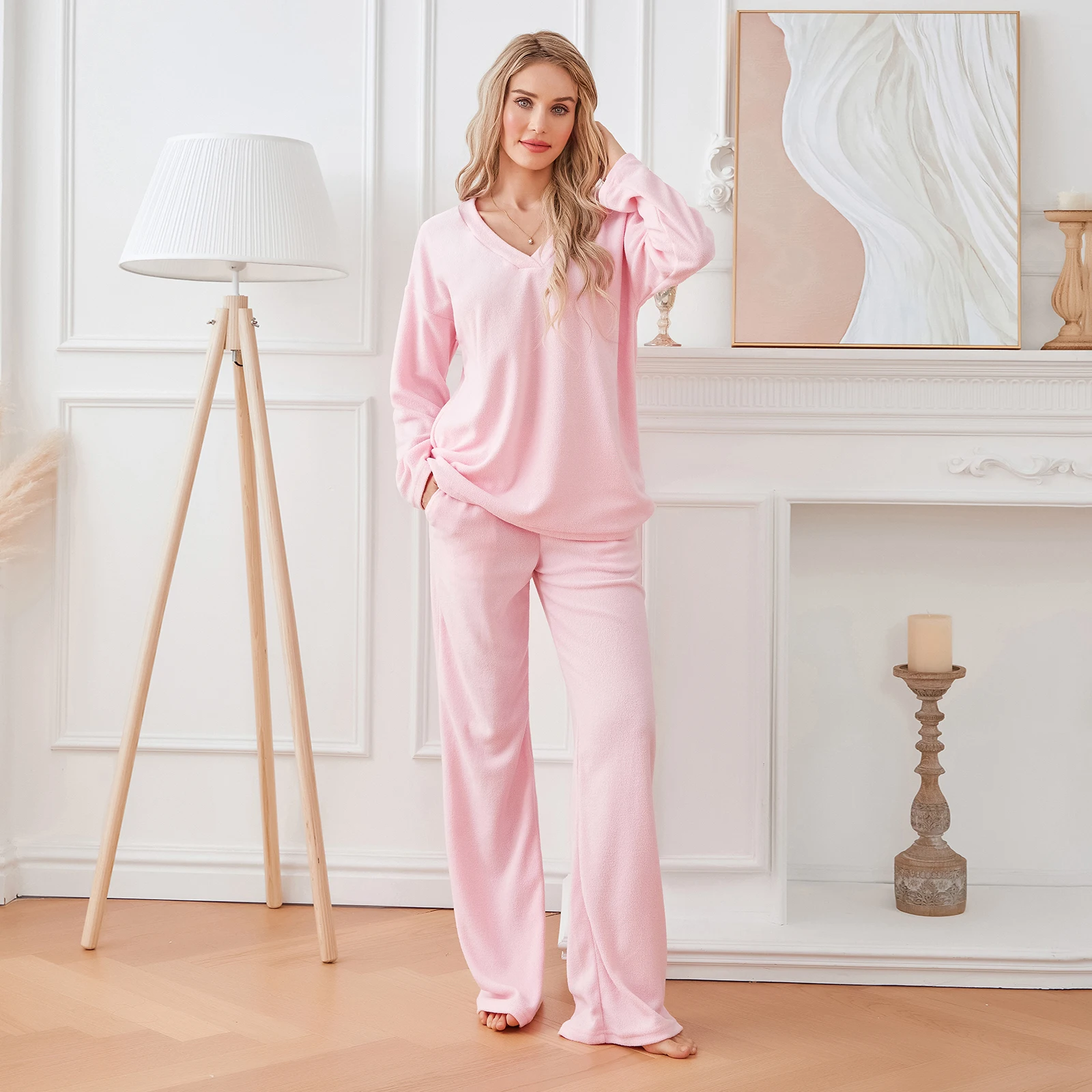 

Solid Color V-neck Loose Long Sleeve Pullover Shirt and Casual Elastic Pants Women 2pcs Pajamas Set Spring Fall Sleepwear