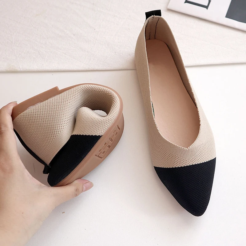 

2023 Women Pointed Toe Shallow Flat Shoes Mesh Loafers Soft Bottom Ballet Flats Classic Moccasins Knit Dress Shoes Ballerina