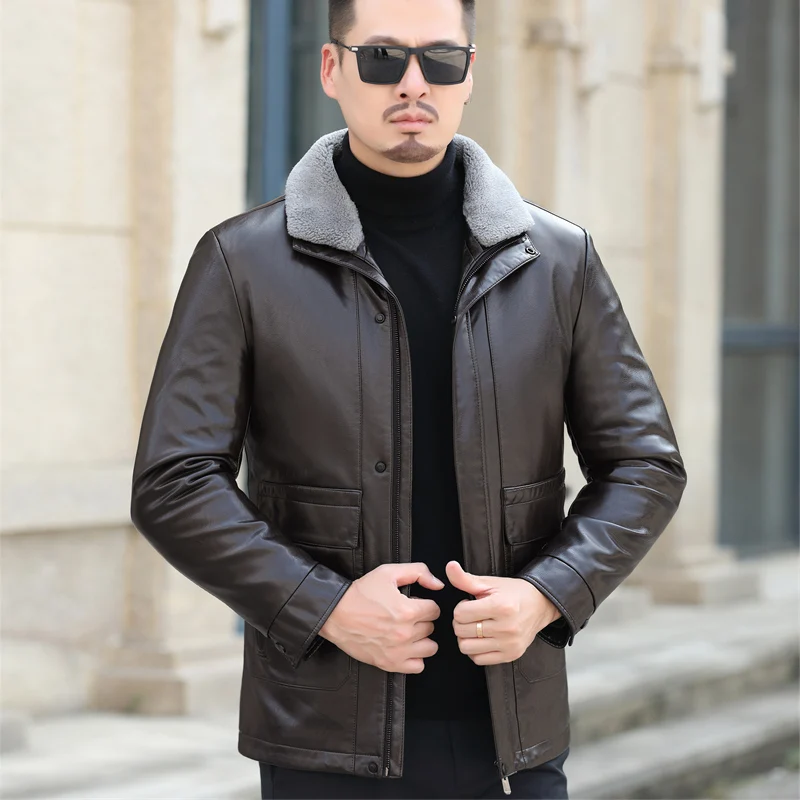 YXL-189 Winter Men's Home Leather Down Jacket Lapel Natural Sheepskin Liner Removable Middle-aged Dad Dress