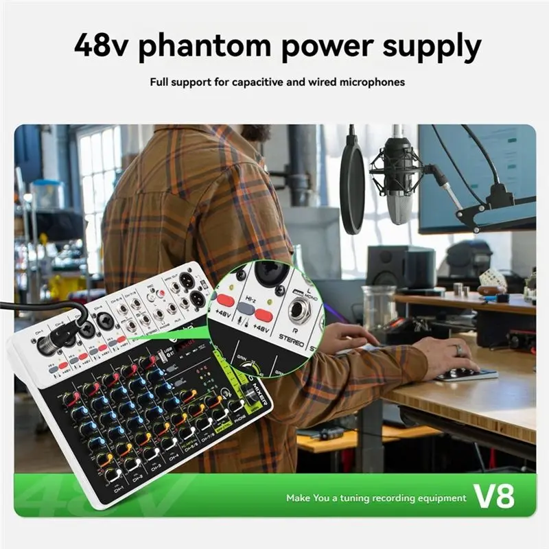 DEBRA PROFESSIONAL AUDIO V8 오디오 믹서 블루투스 USB 48V 팬텀 파워 딜레이 리피트 기능이 있는 소형 믹싱 콘솔(DJ용)