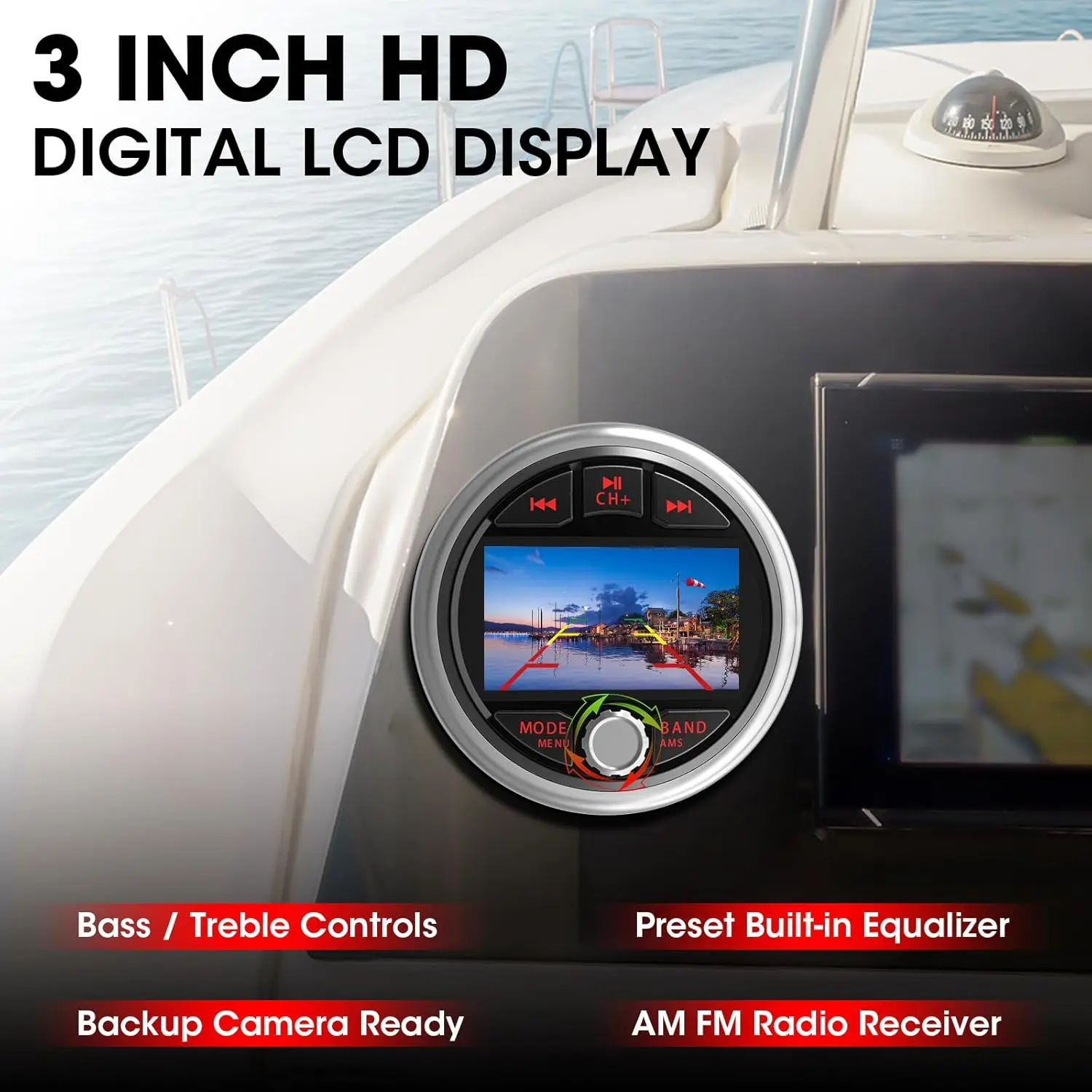 Marine Gauge Stereo System: Waterproof Boat AM FM Radio Receiver-3 Inch LCD Display Digital Multimedia MP5 Player USB AUX Subw