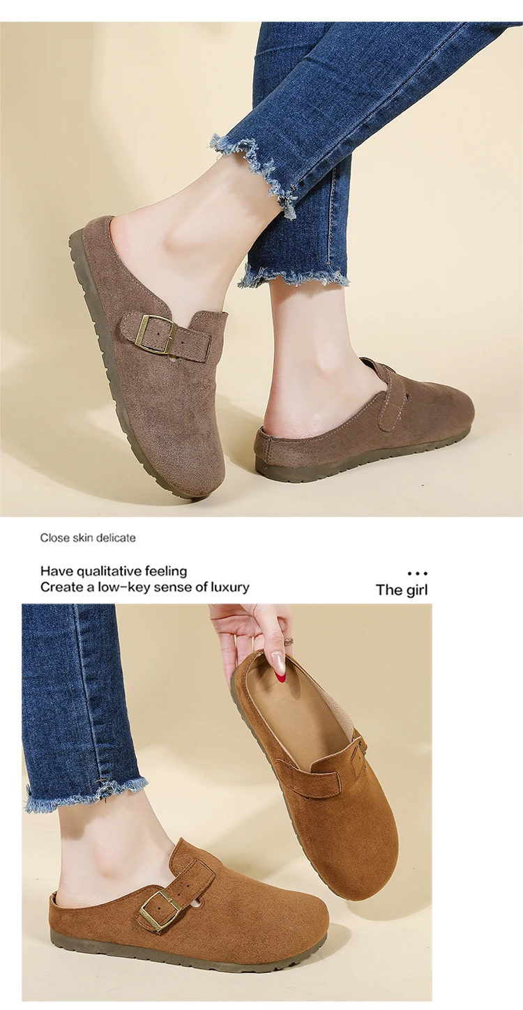 Women's Retro Suede Clogs With Buckle Slip-on Mules Flat Sandals_voghion.com