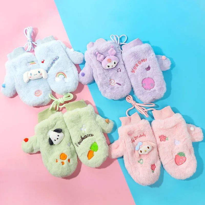 

Kawaii Sanrioed Kuromi My Melody Cinnamoroll Cute Cartoon Plush Warm Gloves Autumn and Winter New Girls Thickened Gloves