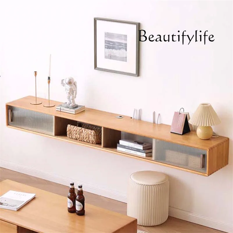 

TV Cabinet Solid Wood Japanese Style Living Room Home Small Apartment Ultra Narrow Bedroom Internet Celebrity Wall-Mounted