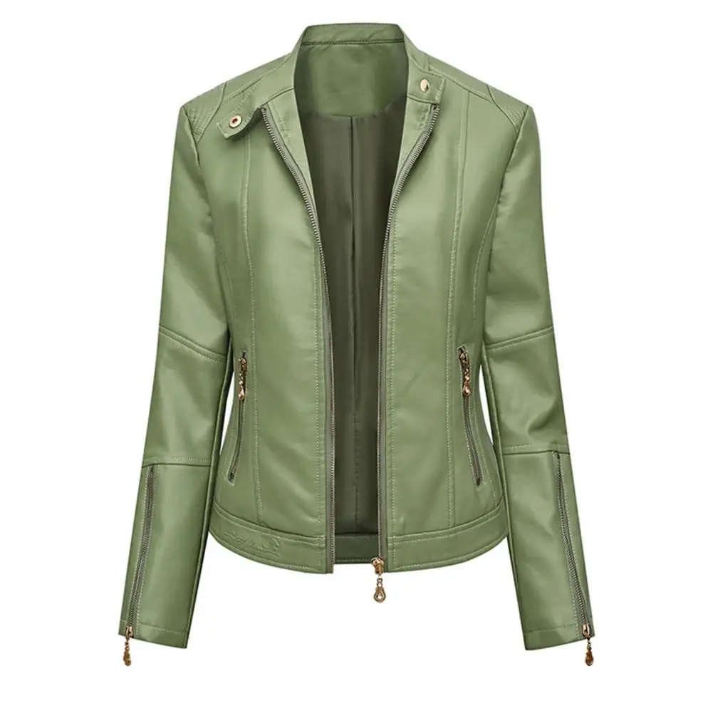 Lady Faux Leather Jacket Solis Color Buttons Decor Long Sleeve Biker Coat Windproof Slim Lady Coat For Motorcycle Riding