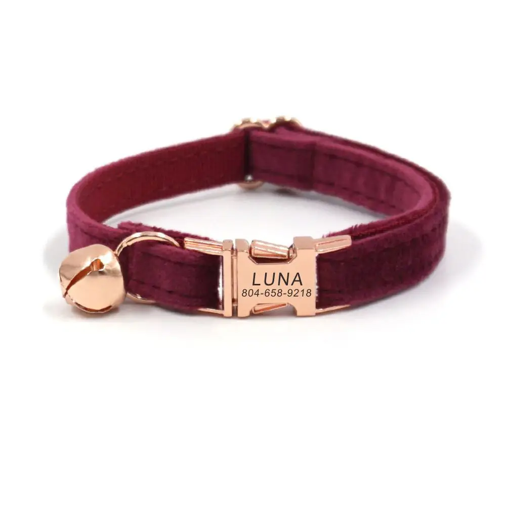 

Personalized Cat Collar Customized Nameplate ID Metal Buckle Adjustable Wine Red Velvet Cat Collars with Bell