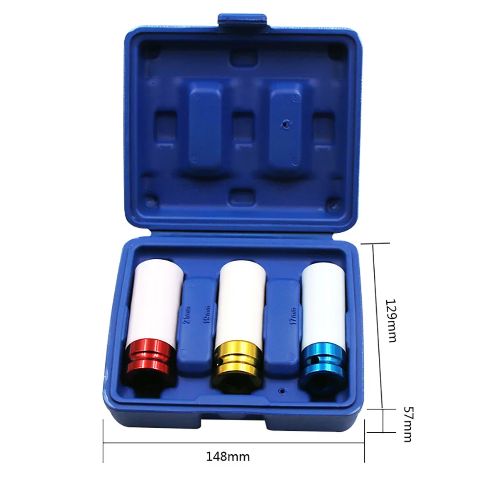 

3Pcs 1/2" 17/19/21mm Tire Protection Sleeve Wall 79mm Deep Impact Wheel Nut Socket Set Auto Car Removal Tool