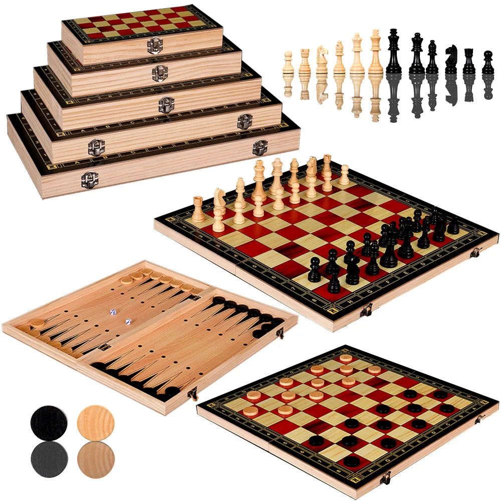 Foldable 3 in 1 Wooden Puzzle Chess Game Toy Chess Backgami Checkers Western Set 24/29/34/39/44CM board game wooden chess foldable chess board folding chess board chess pieces and board table games chess puzzle game chess pieces