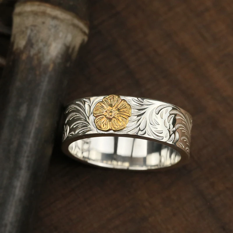 Moda Bicolore Rosa Japonica Anelli Di Fiori Intaglio A Mano Tang Anelli Di Erba Anello Di Fidanzamento Gioielli Per Feste Regali