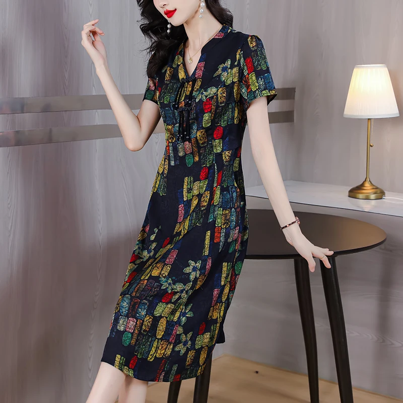 

2023 Elegant vintage printed skirt loose cover belly pro-skin women's summer silk silk slimming waist fashion casual A-line dres