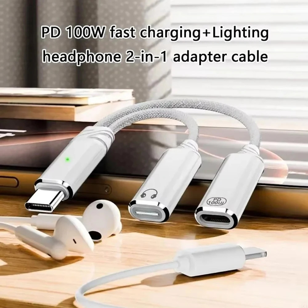 100W PD Fast Charger Cable 2 in 1 USB C Splitter Type USB C Headphones Jack Audio Adapter For Samsung iPhone 16 15 Huawei Xiaomi