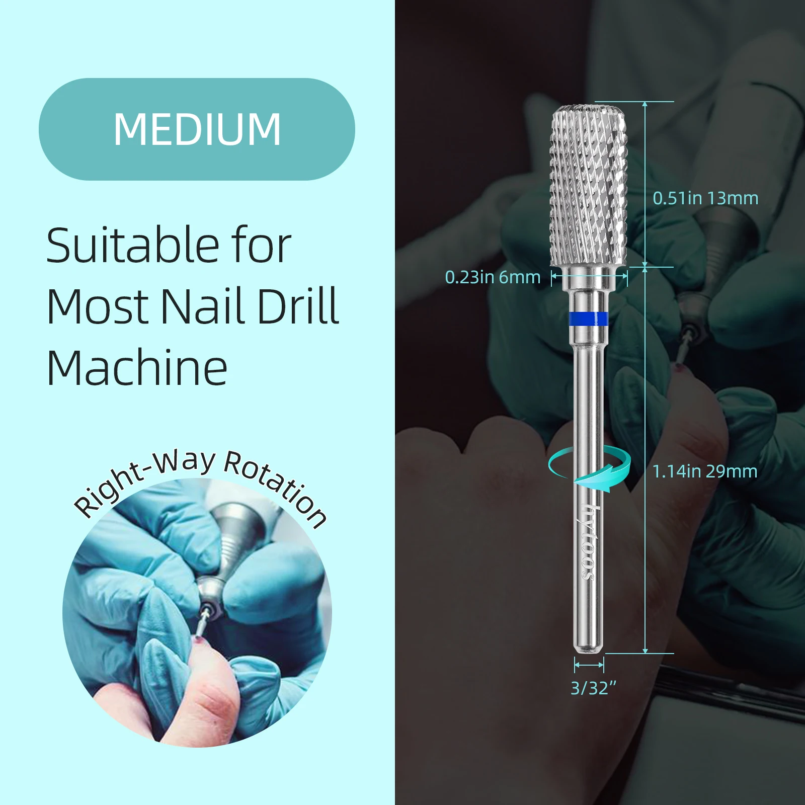 HYTOOS 13mm Barrel Carbide Nail Drill Bits Dust Proof Nail Bit 3/32 Right-handed Electric Manicure Efile Remove Acrylic Gel Tool