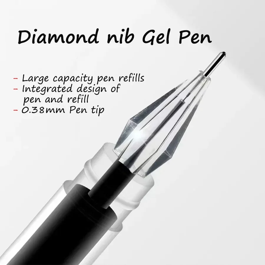 12pcs/mix Diamond Tip Gel Pen, Fine 0.38mm Large-capacity Black/Blue/Red Ink Refill Exam School Office Supplies Stationery