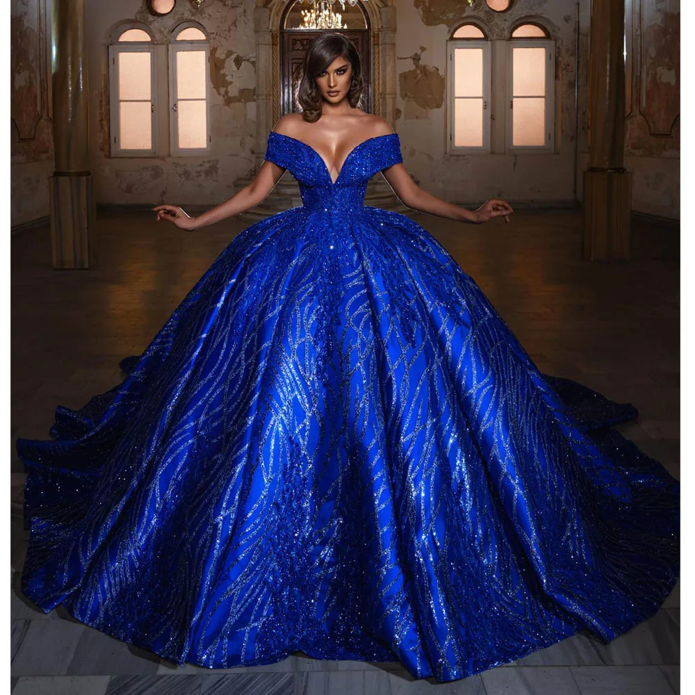 Sparking Royal Blue Wedding Dress Sweetheart Cap Sleeves Bridal Gowns Custom Made Sequined Shiny Chapel Train Vestido de novia