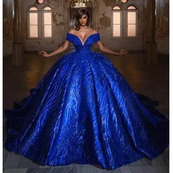 Sparking Royal Blue Wedding Dress Sweetheart Cap Sleeves Bridal Gowns Custom Made Sequined Shiny Chapel Train Vestido de novia