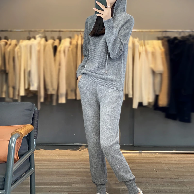 Fashion Suit Autumn Winter 100% Merino Wool Knitted High Quality Sweater Women Tops And Sports Pants Two-Piece Female Girl Cloth 4
