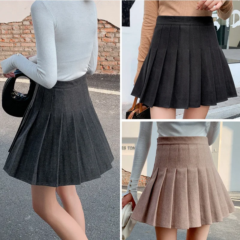 sutimine mini shorts skirts womens summer a line sun school high waist pleated skirt female korean elegant skirt Sutimine 2023 Mini Women's Skirt Winter Woolen Thick Pleated Skirts High Waisted Cute Girls Kawaii Vintage A Line Mini Skirt