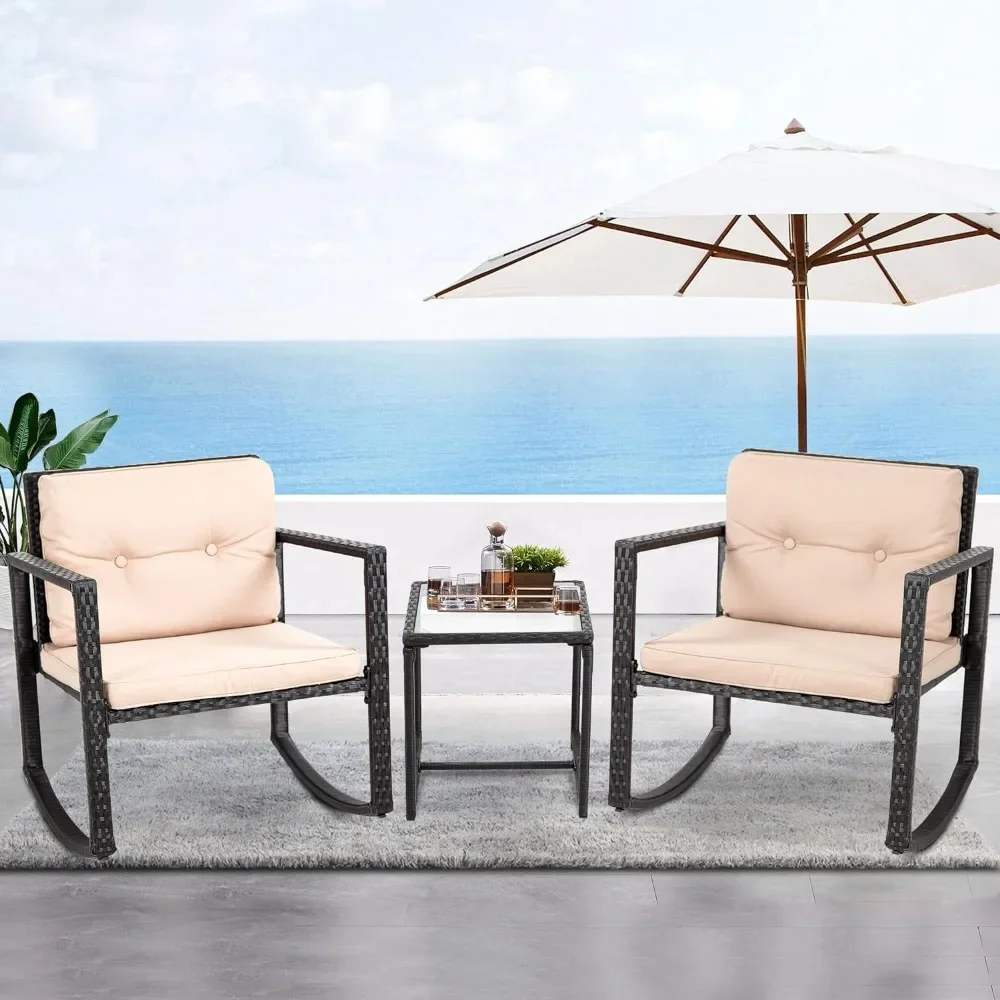 

3 Piece Garden Furniture Rattan Conversation Set for Backyard Porch Poolside Lawn With Coffee Table Sofa Rocking Chair Black