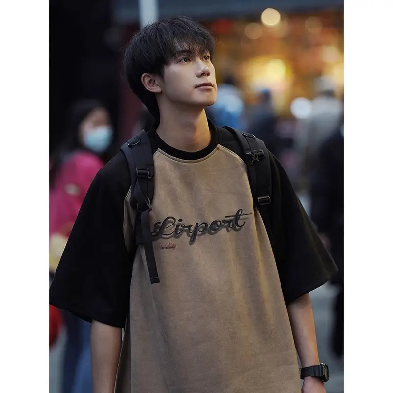 

Suede short sleeved men summer three dimensional design heavyweight T-shirt two needle American trendy loose half sleeves shirts