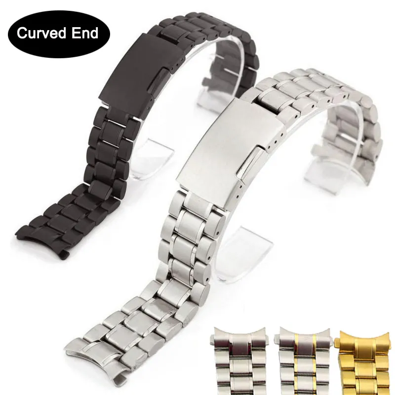 Stainless Steel Curved End Watch Band with Safety Folding Buckle Strap Bracelet