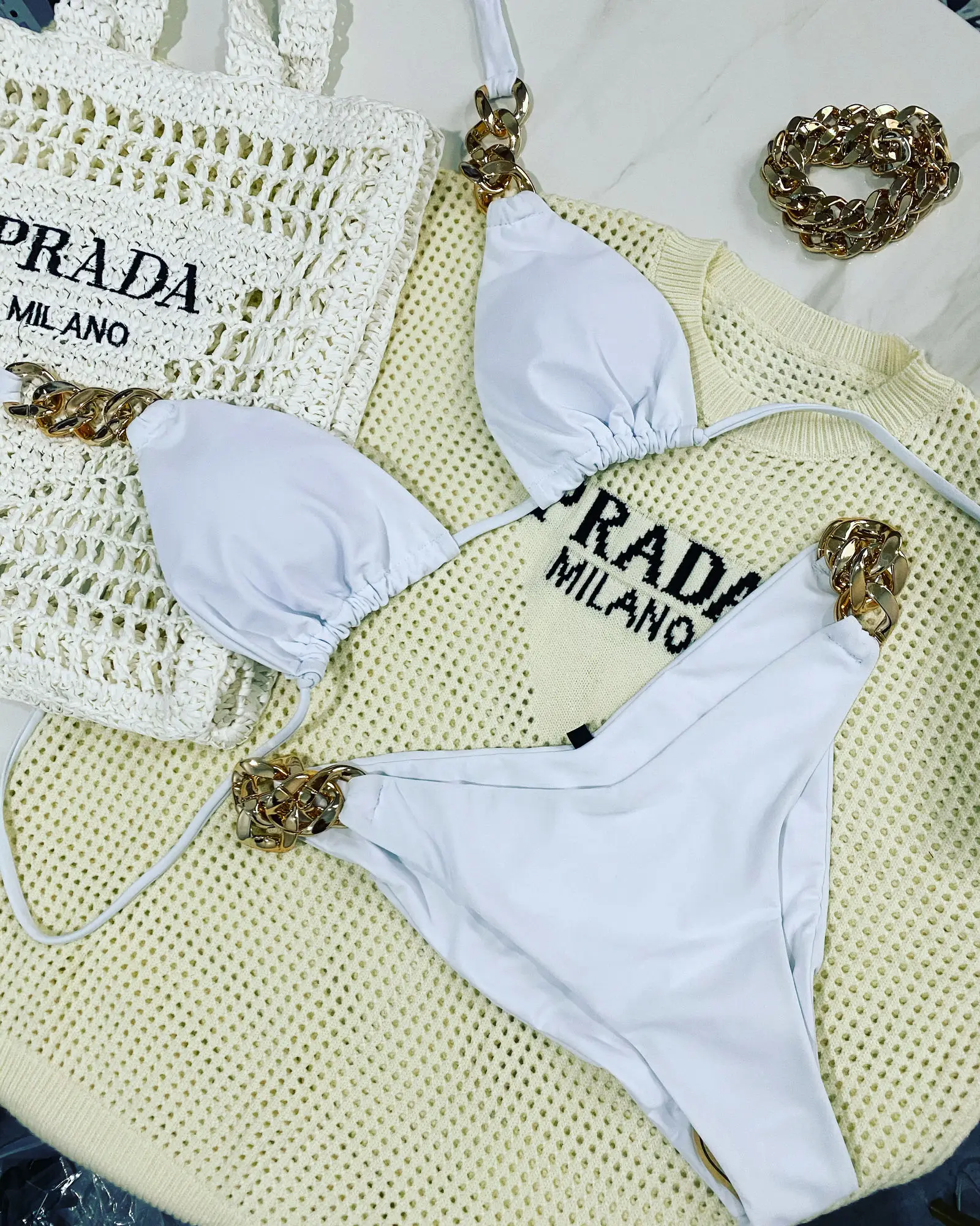 New Fashion Thickness Metal Chain Swimsuit Set Sexy Summer Beach Bikini Swimwear Women Luxury Bikini Set