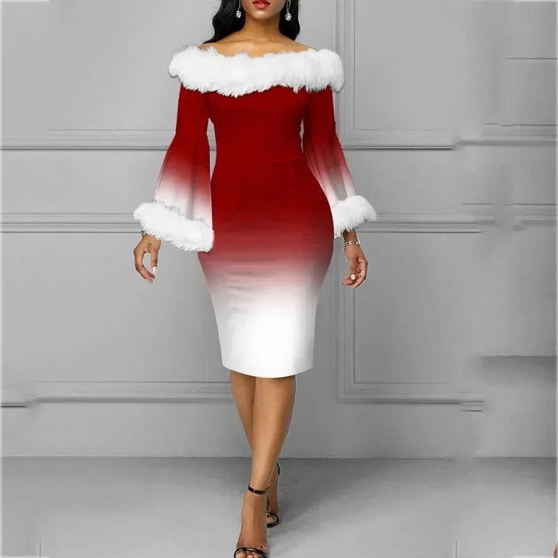 

Christmas Snowflake Printed Dress Women Clothing Long-sleeved Round Neck Xmas Party Bodycon Dress Elegant Casual Mini Dresses