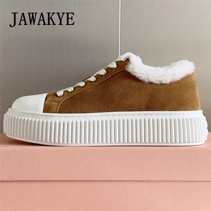 

2023 Autumn Thick Sole Lace Up Fur Flat Platform Shoes Women Round Toe Leather Sneakers Designer Shoes Casual Canvas Shoes Mujer