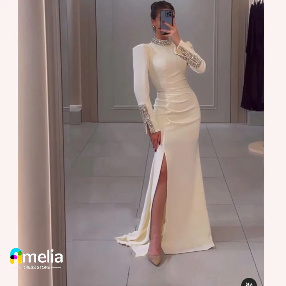 

Amelia Popular High O Neckline Aruba Prom Dress Long Sleeves Evening Dress With Ankle Length Summer Women Wedding Party Gowns