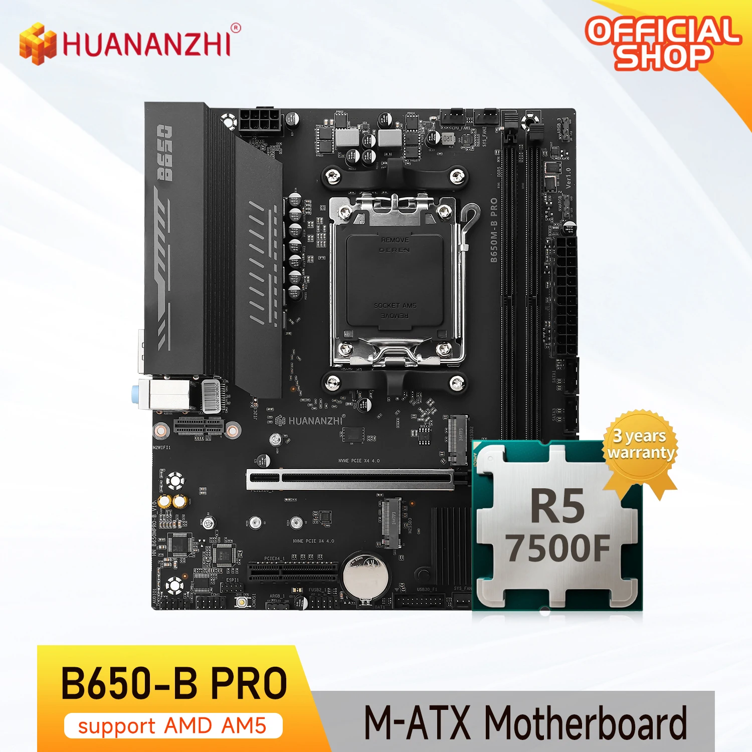 Placa base HUANANZHI B650M B PRO AMD AM5 con soporte Ryzen R5 7500F M.2 NVME WIFI de doble canal DDR5 EXPO RAM