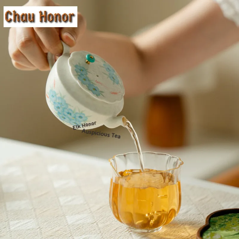 120ml Hand-painted Blue Star Flower Teapot Retro Tea Infuser Pot Tea Soaking Kettle with Ball Hole Tea Items Supplies Decoration