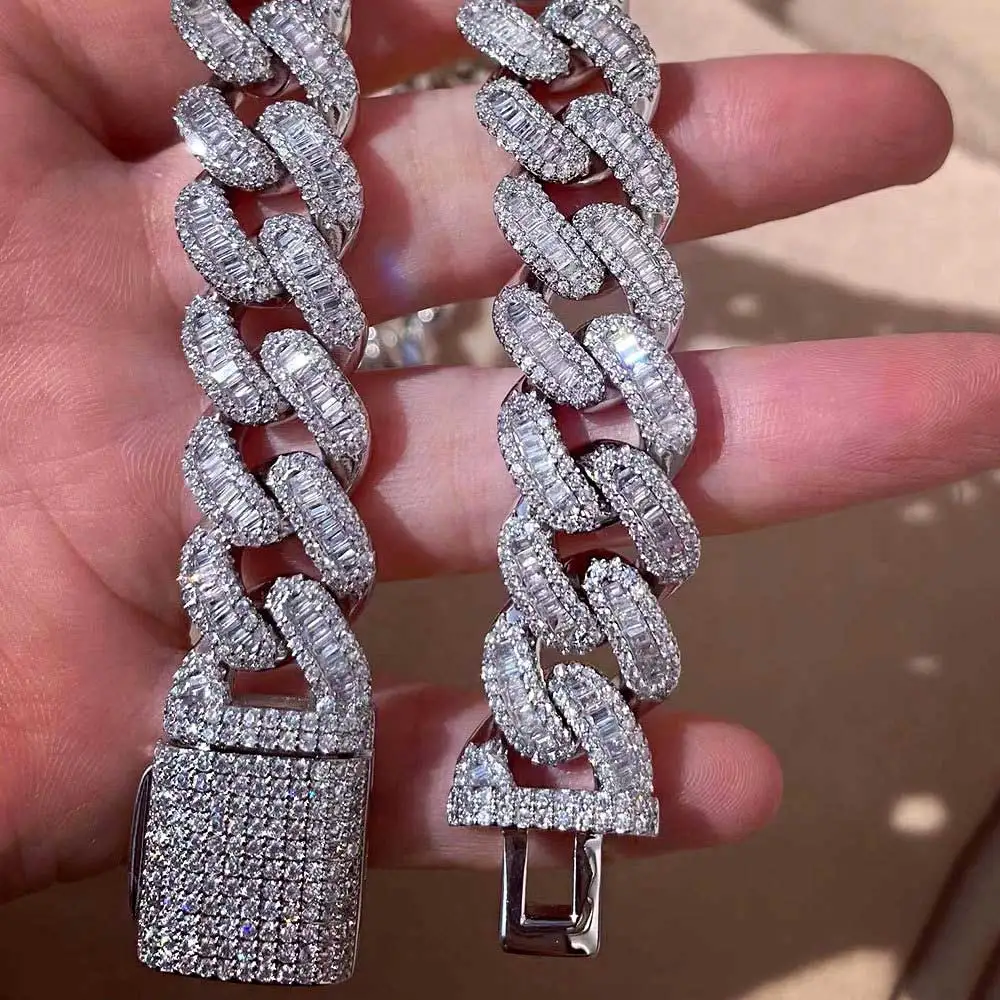 15mm Princess Cut Rectangle CZ Miami Cuban Bracelet Necklace Iced Out Square Cubic Zirconia Link Chain for Men